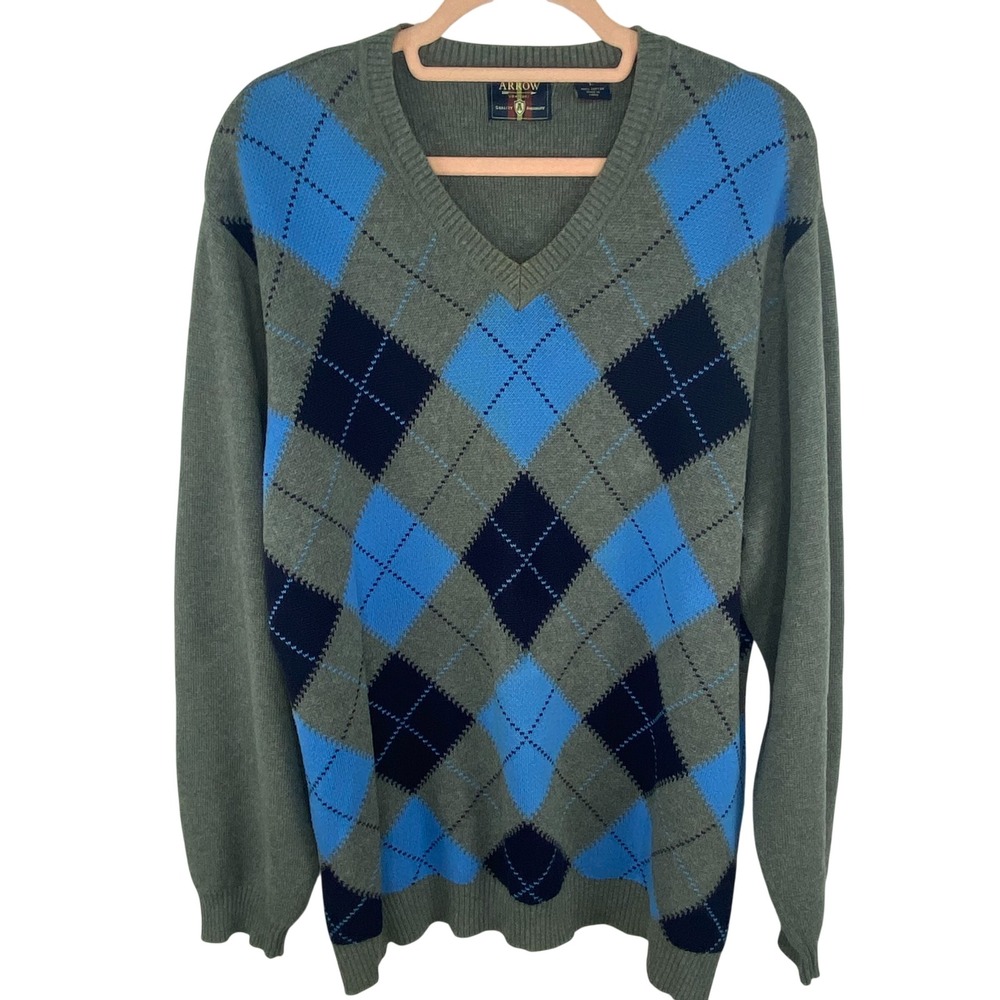 ARROW Argyle Sweater Mens L Gray Blue V Neck‎ Cotton Knit Preppy Golf Old Money